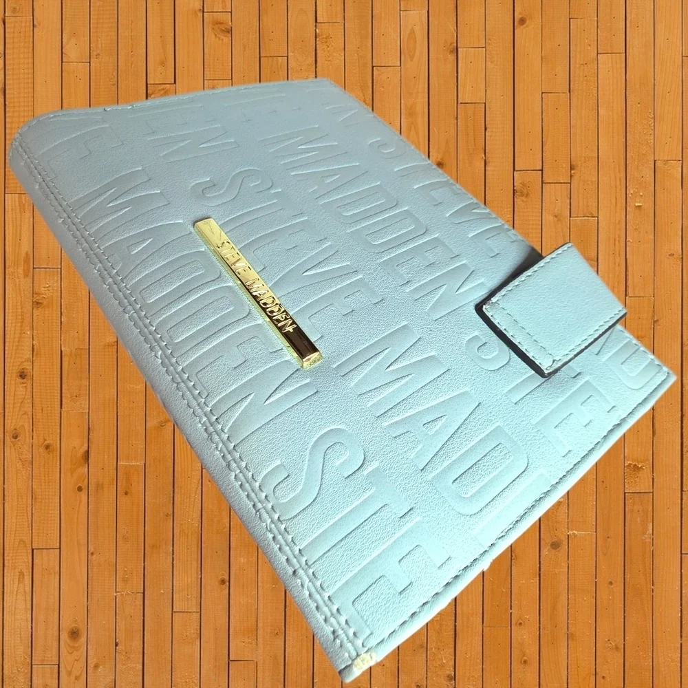 Steve Madden Large Wallet Baby Blue Embossed Logo Zip Around Clutch
